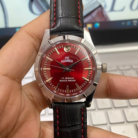 Fortis Other - Vintage 1985 Roamer Manual Mens Silver Watch W/Fluted Bezel & Red accents
